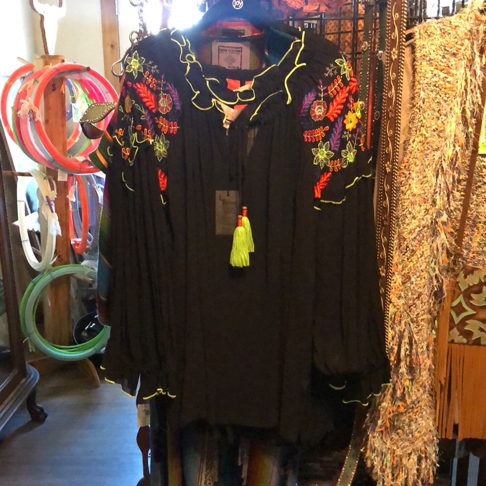 Roja multi color Embroidered Black sheer blouse. Sizes S,M&L available.
